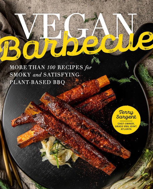 Vegan barbecue cookbook cover with plant-based ribs on black plate, smoky BBQ recipes
