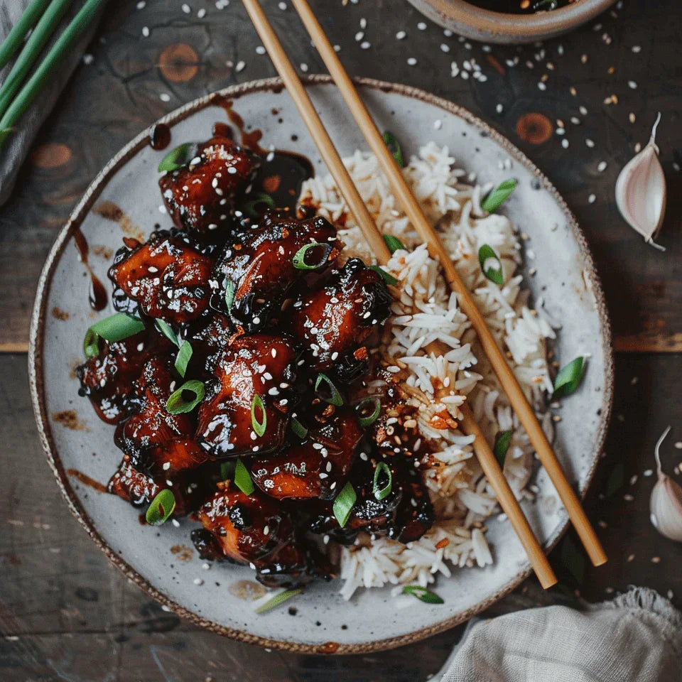 Black garlic purée glaze on meat with scallions and rice in a bowl