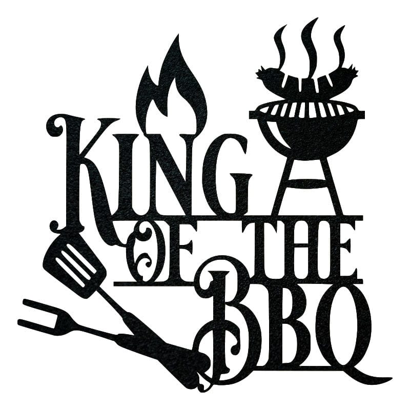 Black King of the BBQ metal wall sign with flame, grill, spatula, and utensils details