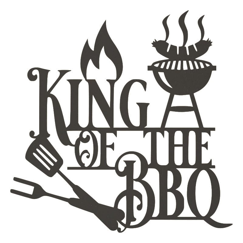 Black King of the BBQ metal wall sign close-up showing flame and grill silhouette