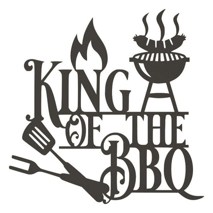 Black King of the BBQ metal wall sign close-up showing flame and grill silhouette