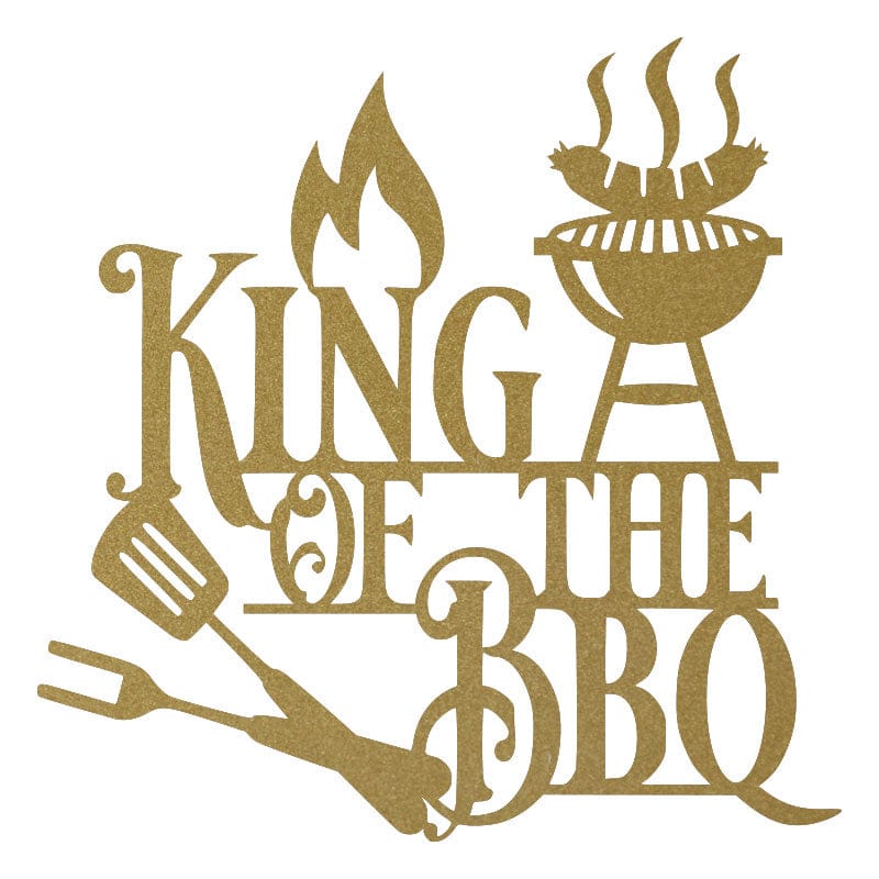 Gold King of the BBQ metal wall sign with flame, grill, and “King of the BBQ” lettering