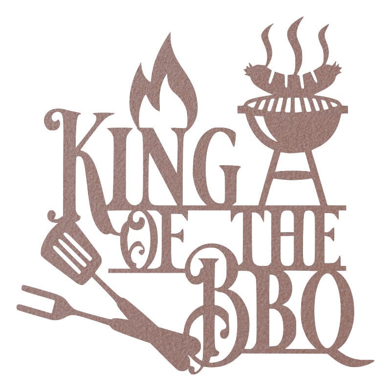 Rose gold King of the BBQ metal wall sign with flame, grill, and grilling utensil shapes