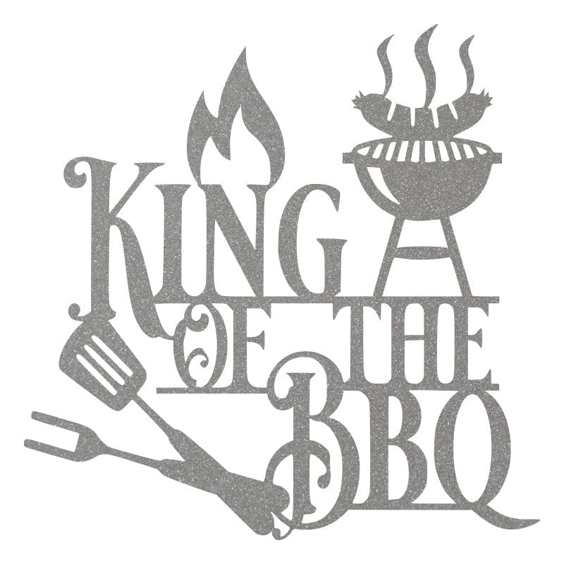 Silver King of the BBQ metal wall sign with flame, grill, spatula, and fork design