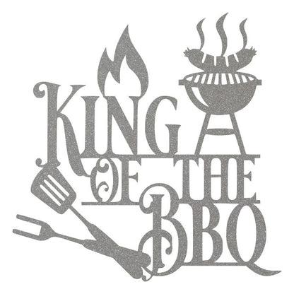 Silver King of the BBQ metal wall sign with flame, grill, spatula, and fork design
