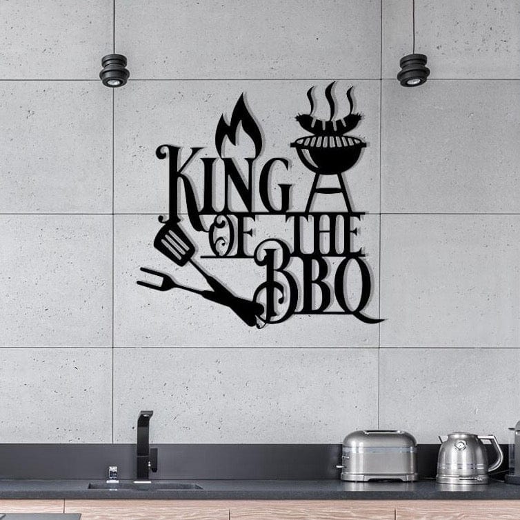 King of the BBQ metal wall sign, black finish with flame, grill, and fork icon