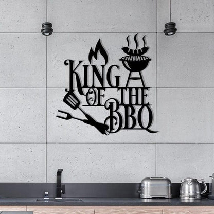 King of the BBQ metal wall sign, black finish with flame, grill, and fork icon