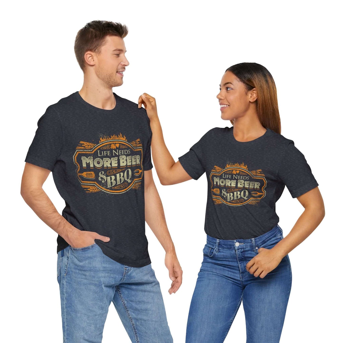 Dark heather T-shirt with crew neck and orange “Life Needs More Beer” BBQ graphic