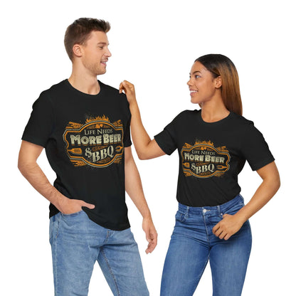 Black T-shirt with crew neck and orange “Life Needs More Beer” BBQ graphic