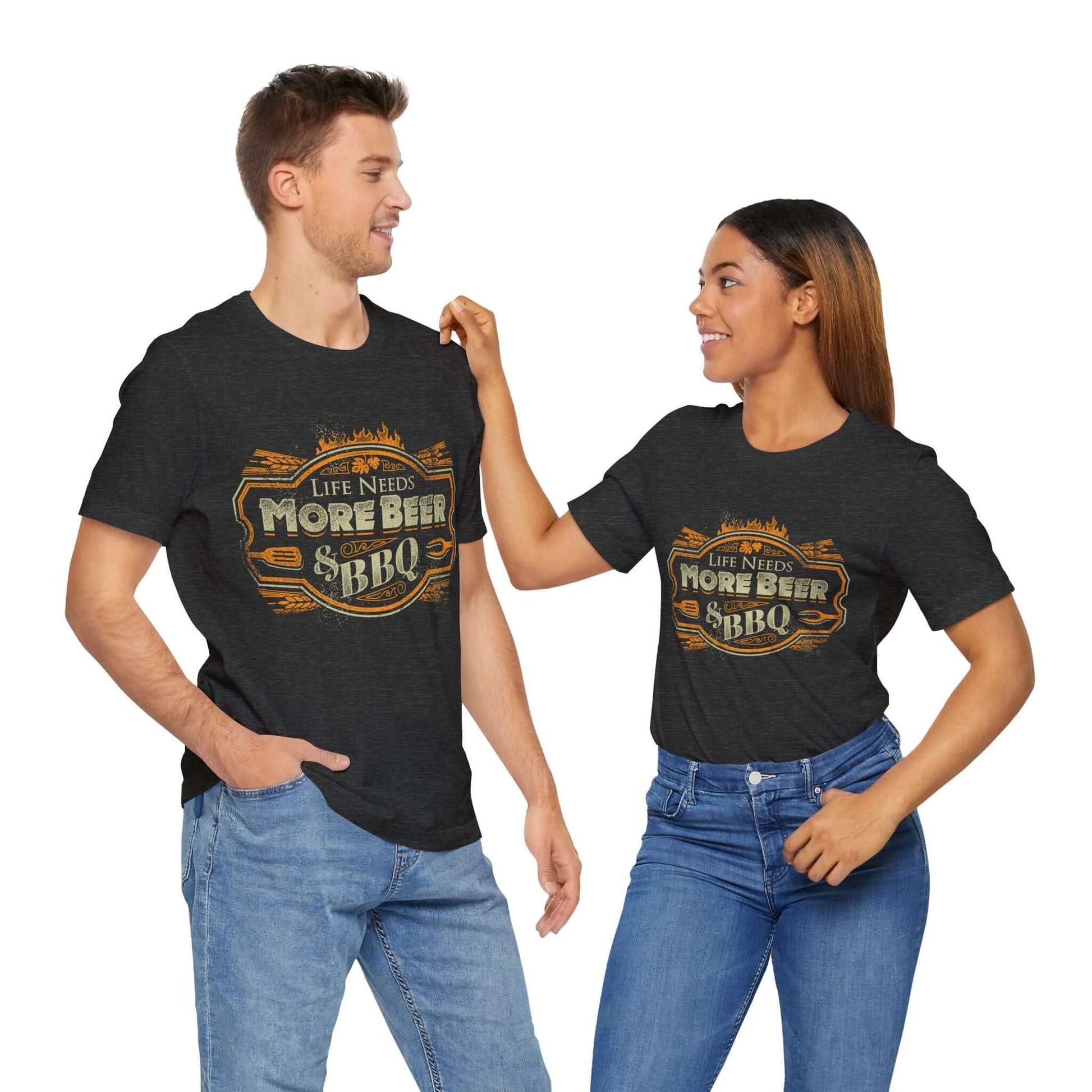 Dark heather T-shirt with crew neck and orange “Life Needs More Beer” BBQ graphic