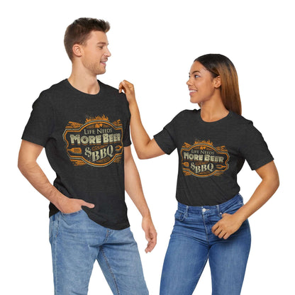 Dark heather T-shirt with crew neck and orange “Life Needs More Beer” BBQ graphic