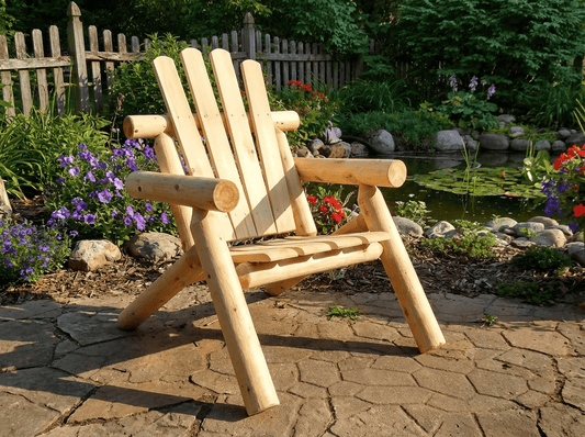 Light wood deck chair with slatted back and curved armrests