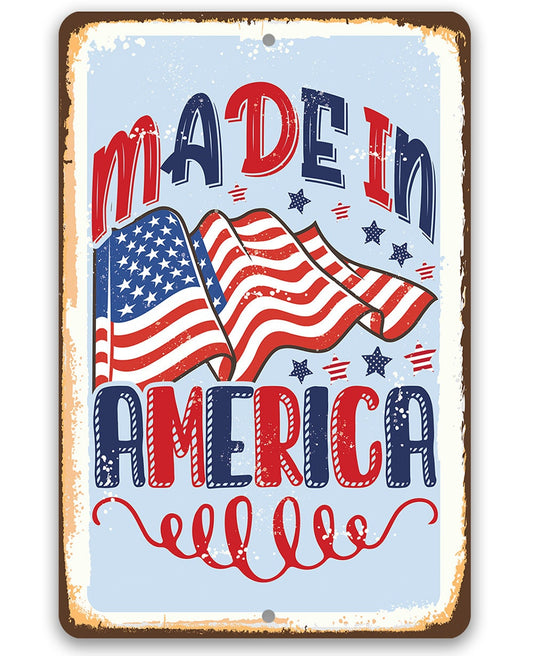Rectangular metal wall sign with Made in America text and U.S. flag graphic
