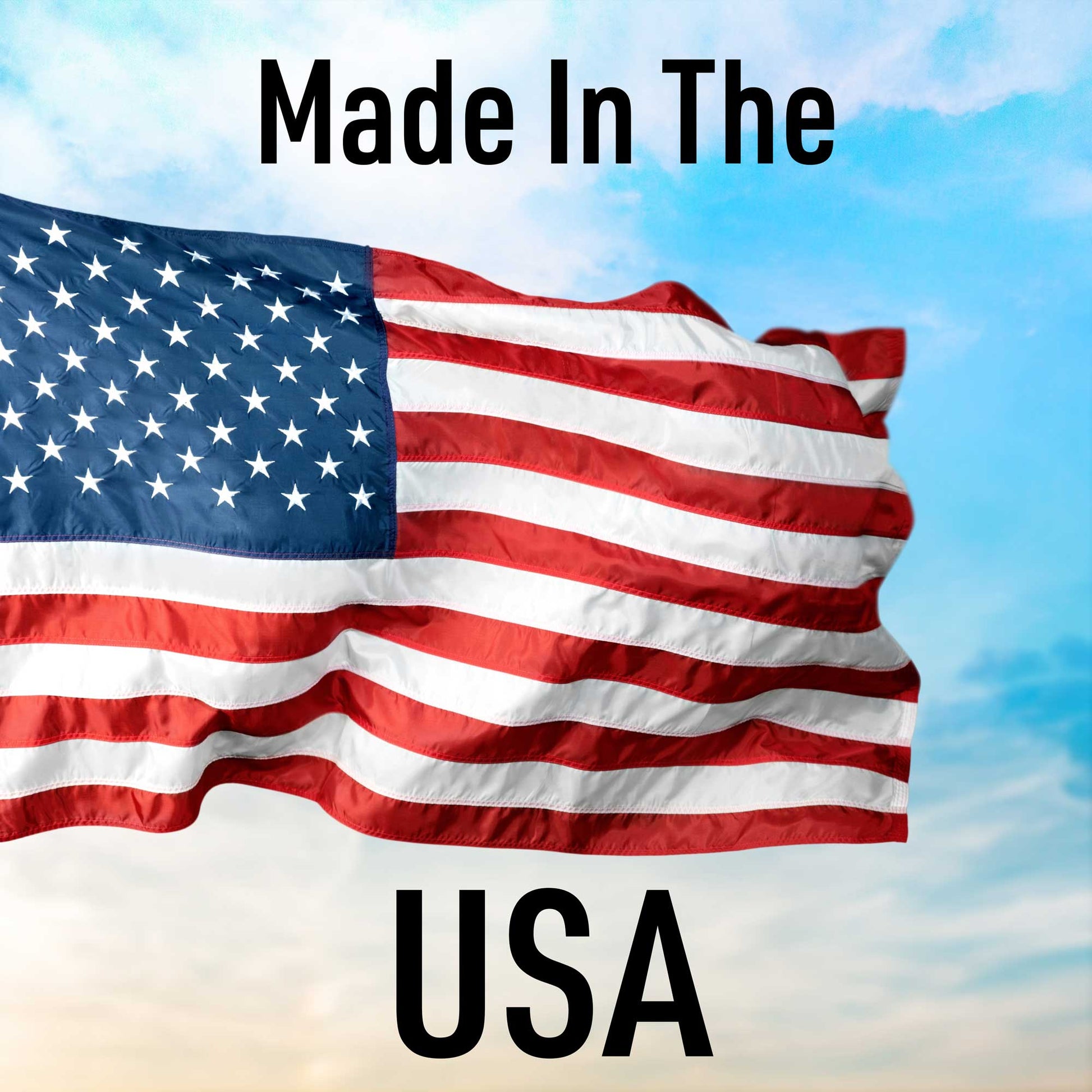 Made in the USA USA text over American flag