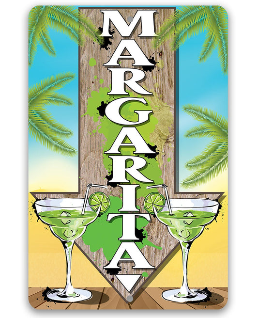 Directional metal sign with two green margarita glasses and vertical MARGARITA lettering