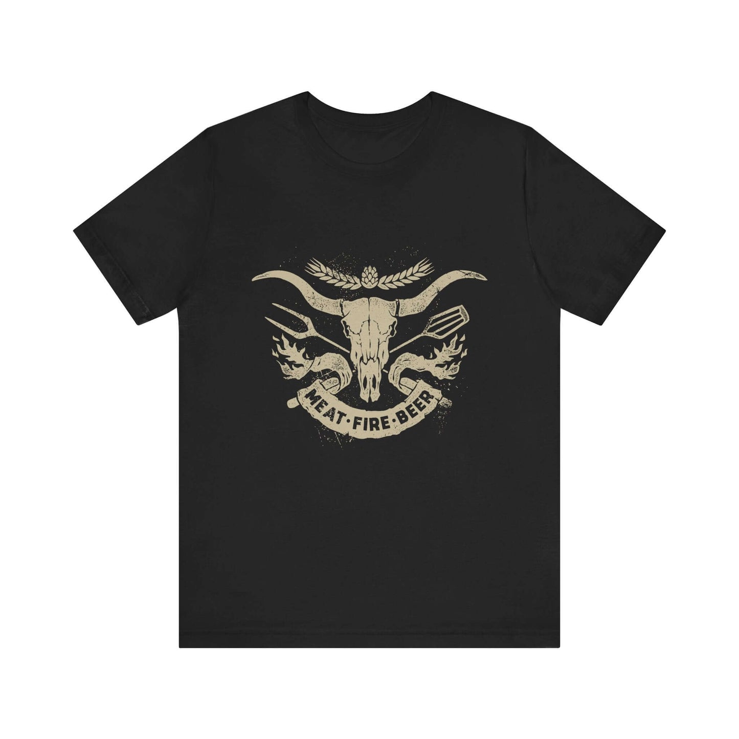 Black T-shirt with centered bull skull wing graphic and 'MEAT-FIRE-BEER'