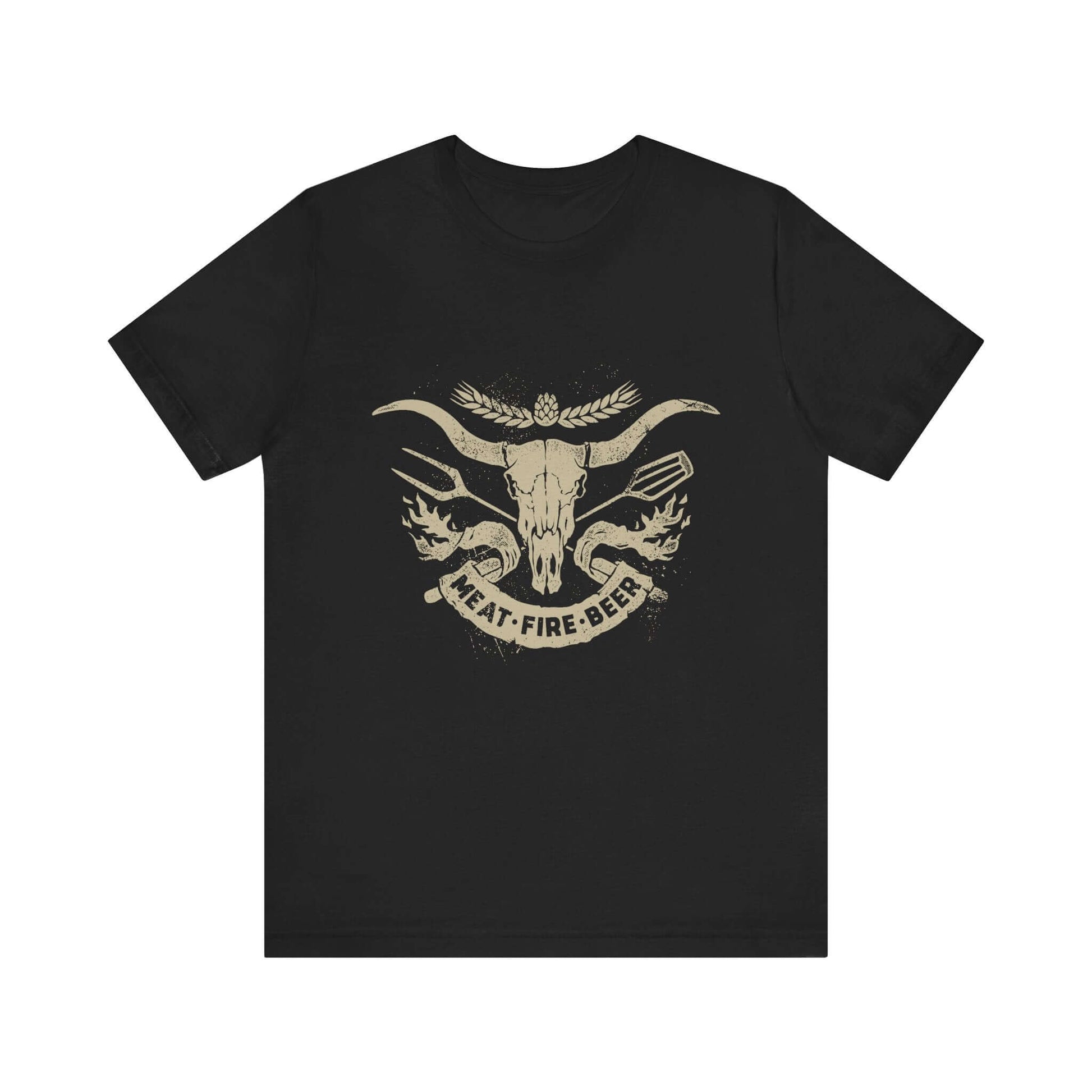Black T-shirt with centered bull skull wing graphic and 'MEAT-FIRE-BEER'