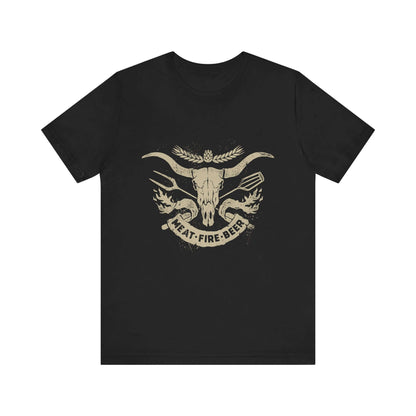 Black T-shirt with centered bull skull wing graphic and 'MEAT-FIRE-BEER'