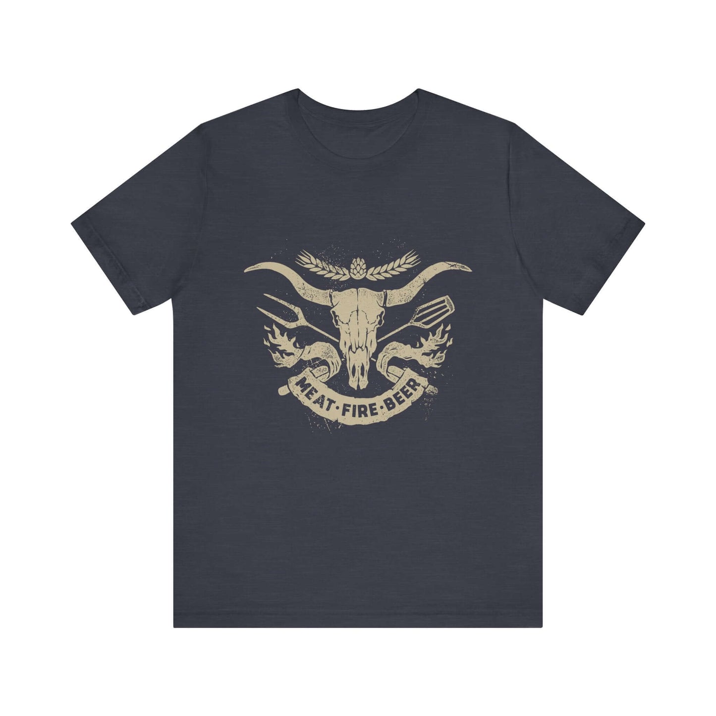 Heather midnight navy T-shirt with bull skull wing graphic and 'MEAT-FIRE-BEER'