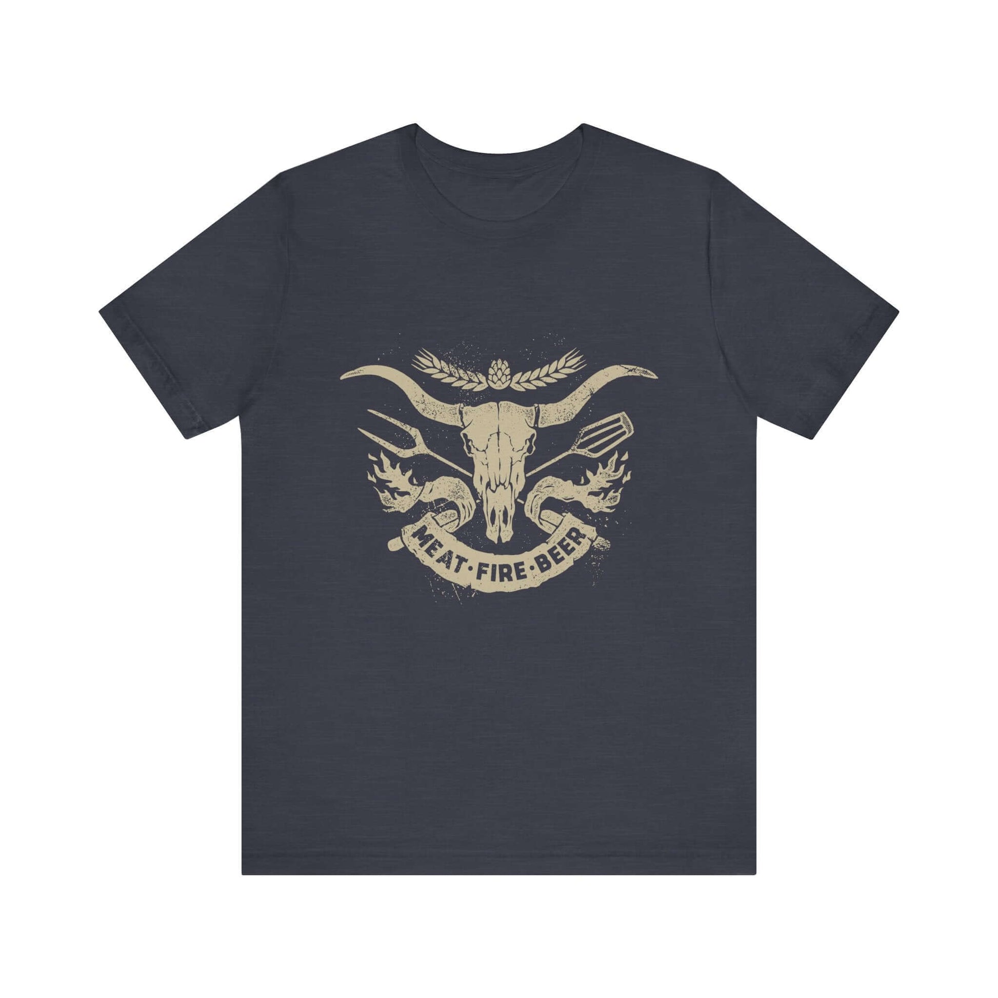 Heather midnight navy T-shirt with bull skull wing graphic and 'MEAT-FIRE-BEER'