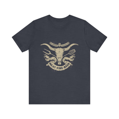 Heather midnight navy T-shirt with bull skull wing graphic and 'MEAT-FIRE-BEER'