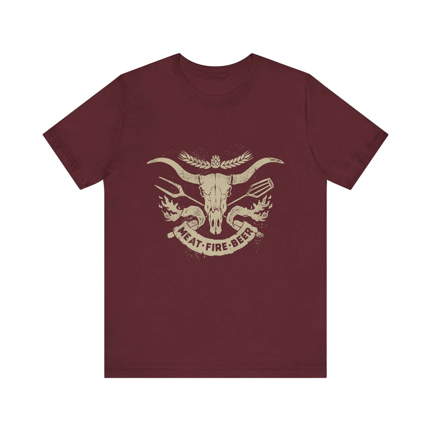 Maroon T-shirt with bull skull and wing graphic and 'MEAT-FIRE-BEER' text