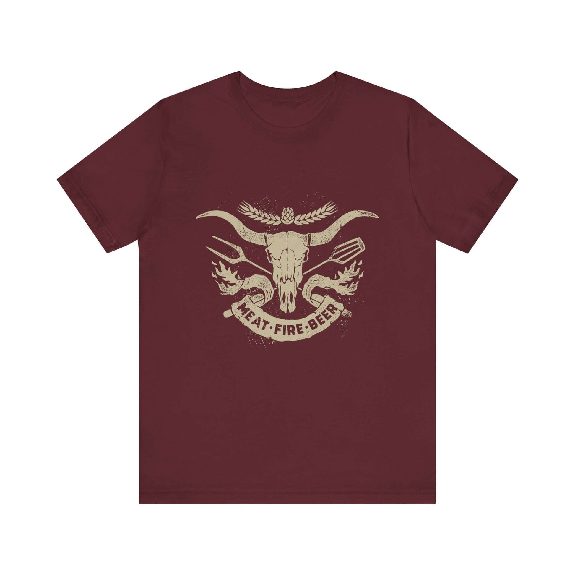 Maroon T-shirt with bull skull and wing graphic and 'MEAT-FIRE-BEER' text