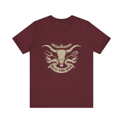 Maroon T-shirt with bull skull and wing graphic and 'MEAT-FIRE-BEER' text