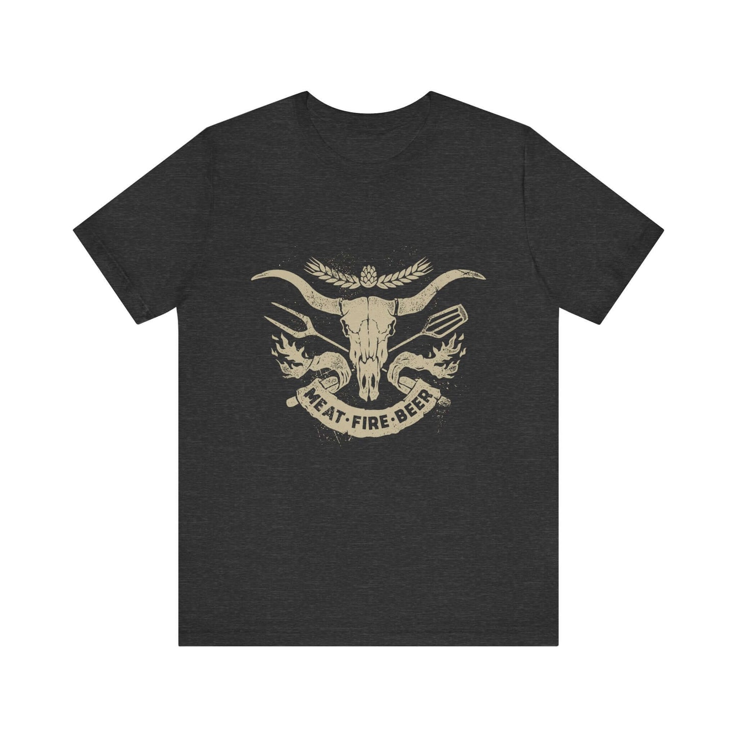 Dark gray heather T-shirt with bull skull and wing graphic, 'MEAT-FIRE-BEER'
