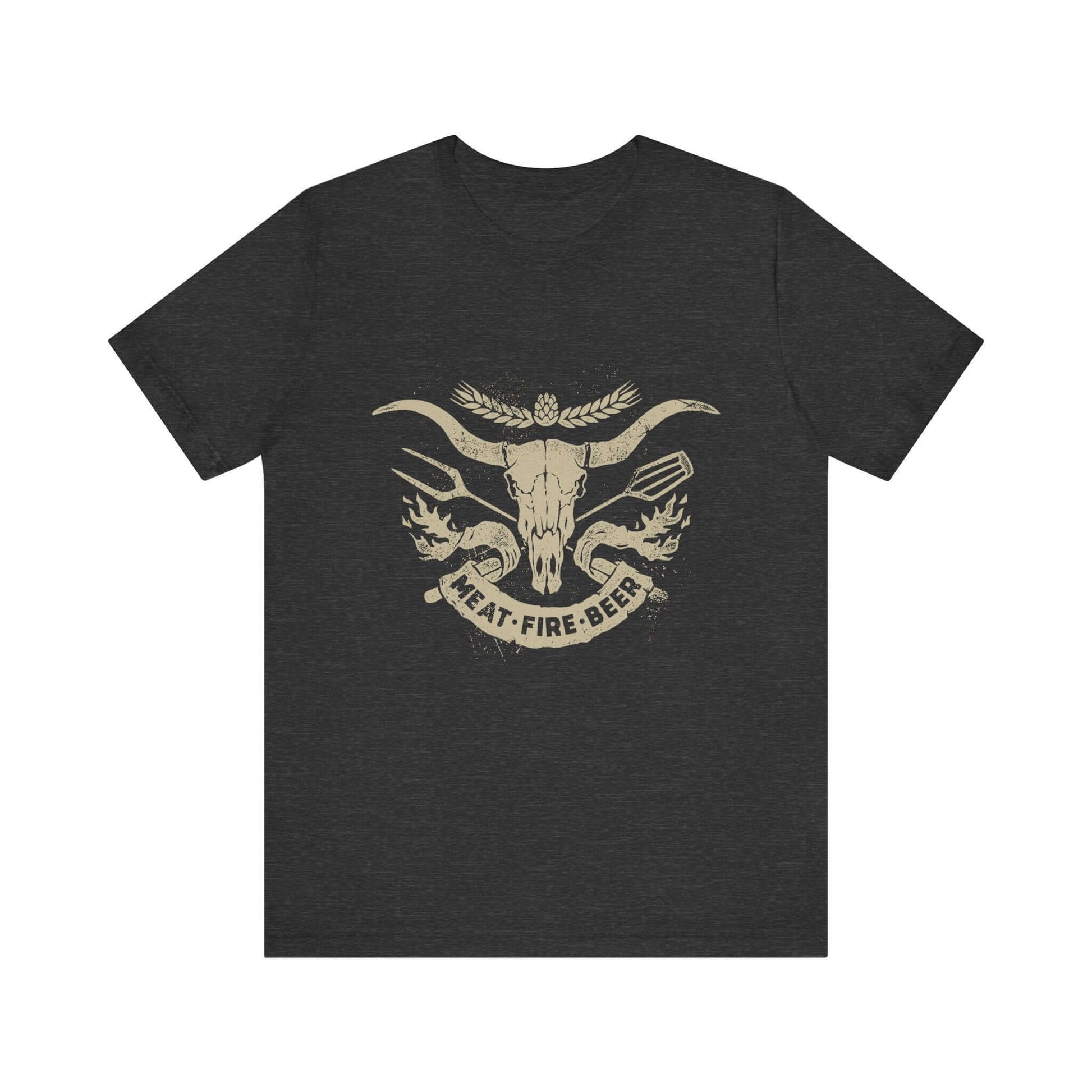 Dark gray heather T-shirt with bull skull and wing graphic, 'MEAT-FIRE-BEER'