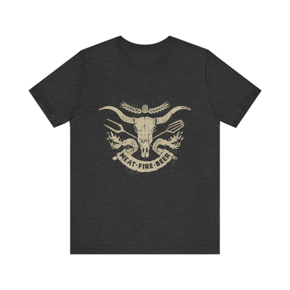 Dark gray heather T-shirt with bull skull and wing graphic, 'MEAT-FIRE-BEER'