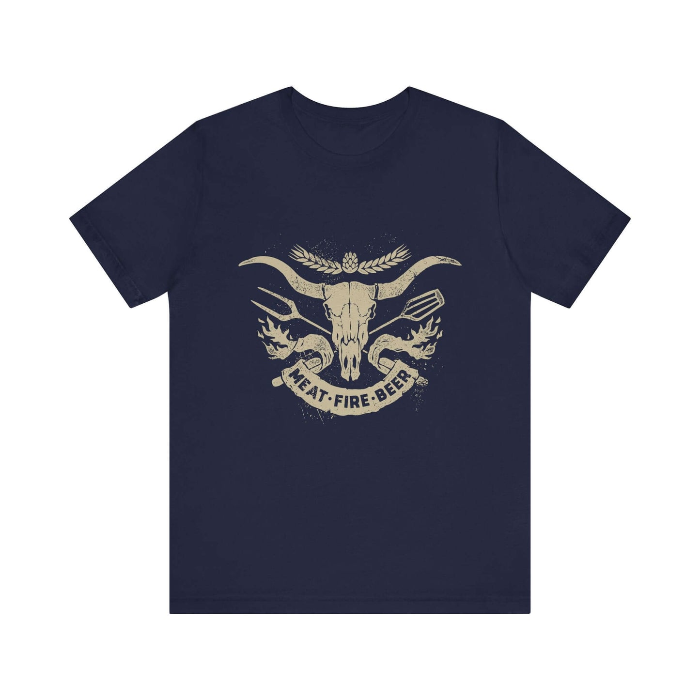 Navy T-shirt with bull skull wing graphic and 'MEAT-FIRE-BEER' banner