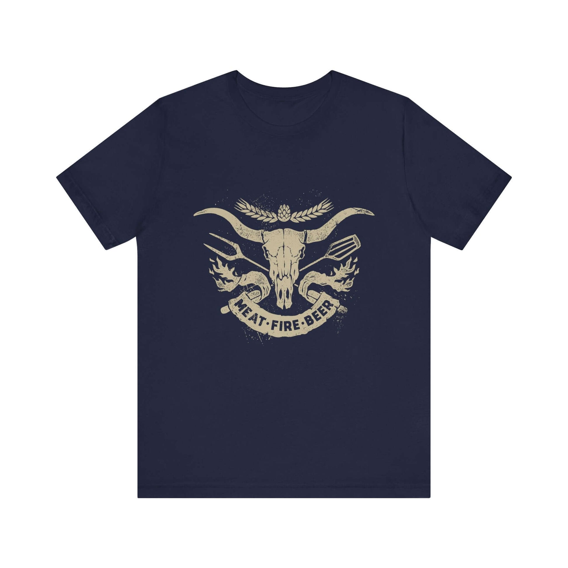 Navy T-shirt with bull skull wing graphic and 'MEAT-FIRE-BEER' banner