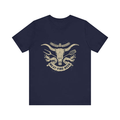 Navy T-shirt with bull skull wing graphic and 'MEAT-FIRE-BEER' banner