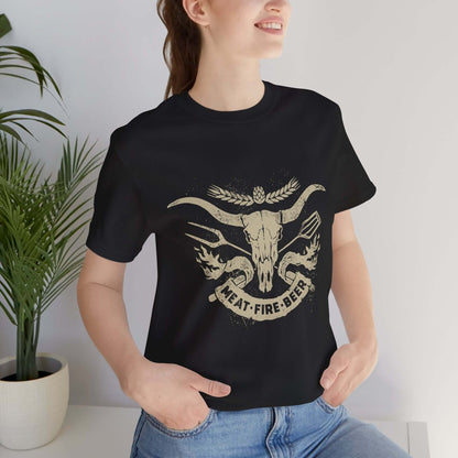 Black T-shirt with bull skull wing graphic and 'MEAT-FIRE-BEER' text