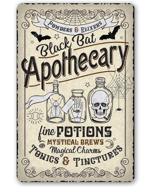 Rectangular bat apothecary metal sign with vintage parchment label and bottles illustration
