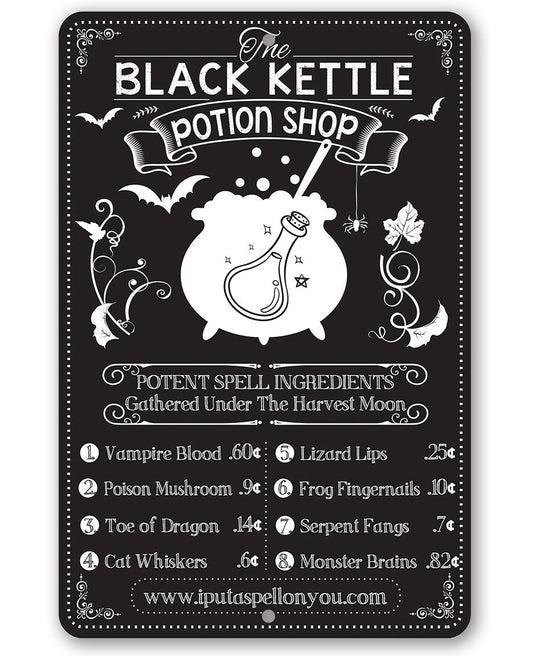 Black metal potion-themed sign with white cauldron graphic and ornate border, rounded corners.