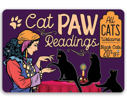 Purple Cat Paw Readings metal sign with woman, black cats, candle, and paw logo