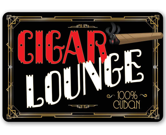Rectangular metal cigar bar sign with red cigar and white lettering on black