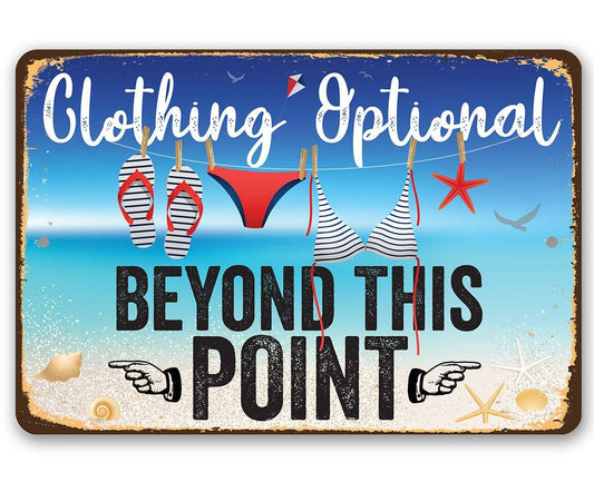 Clothing Optional metal sign with blue graphic text, stars, hand icons, and bikini shapes.