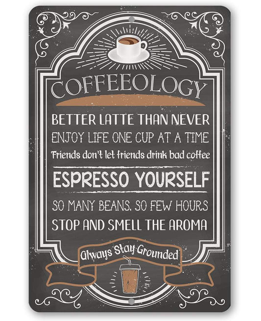 Coffee quote metal sign with coffee cup emblem, framed typography, and rounded corners
