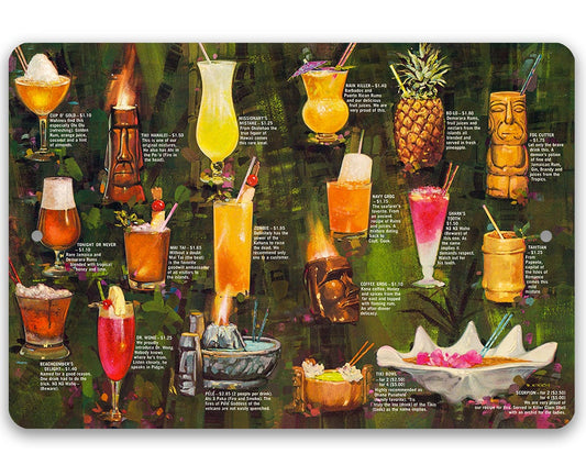 Colorful tiki drink menu metal sign with cocktails, pineapple, and tiki masks.