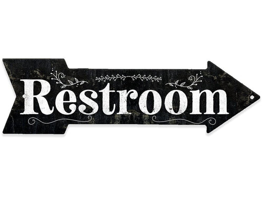 Restroom directional metal sign with black arrow and white Restroom lettering