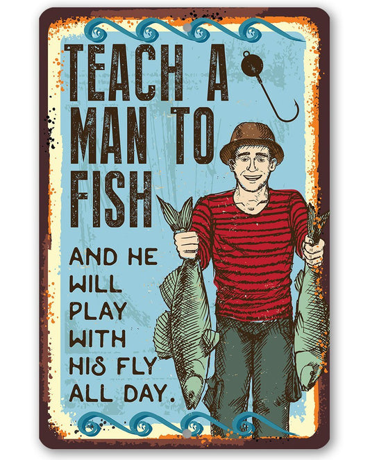 Fishing quote metal sign with boy holding fish, teal border, and “Teach a Man to Fish” text