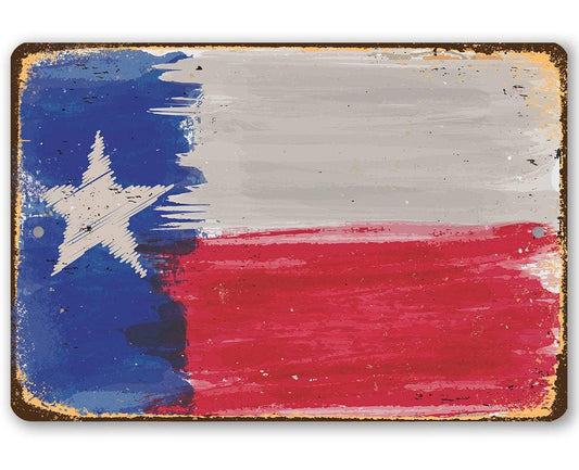 Texas flag metal sign with distressed blue and red colors, white star on left