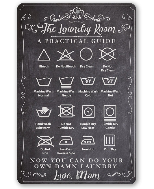 Laundry Room metal sign with dark chalkboard background and white care-instruction icons
