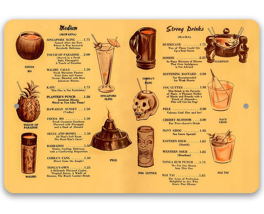 Tiki drinks menu metal sign with rounded corners, drink listings and price labels