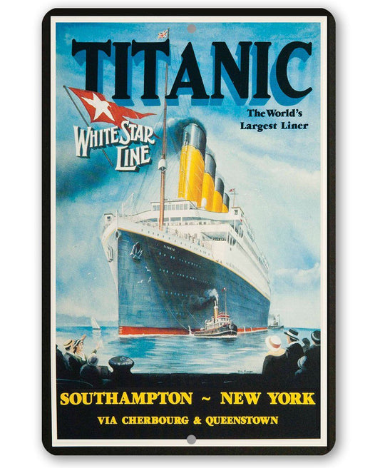 Vintage Titanic ship metal sign with black frame and colorful harbor illustration.