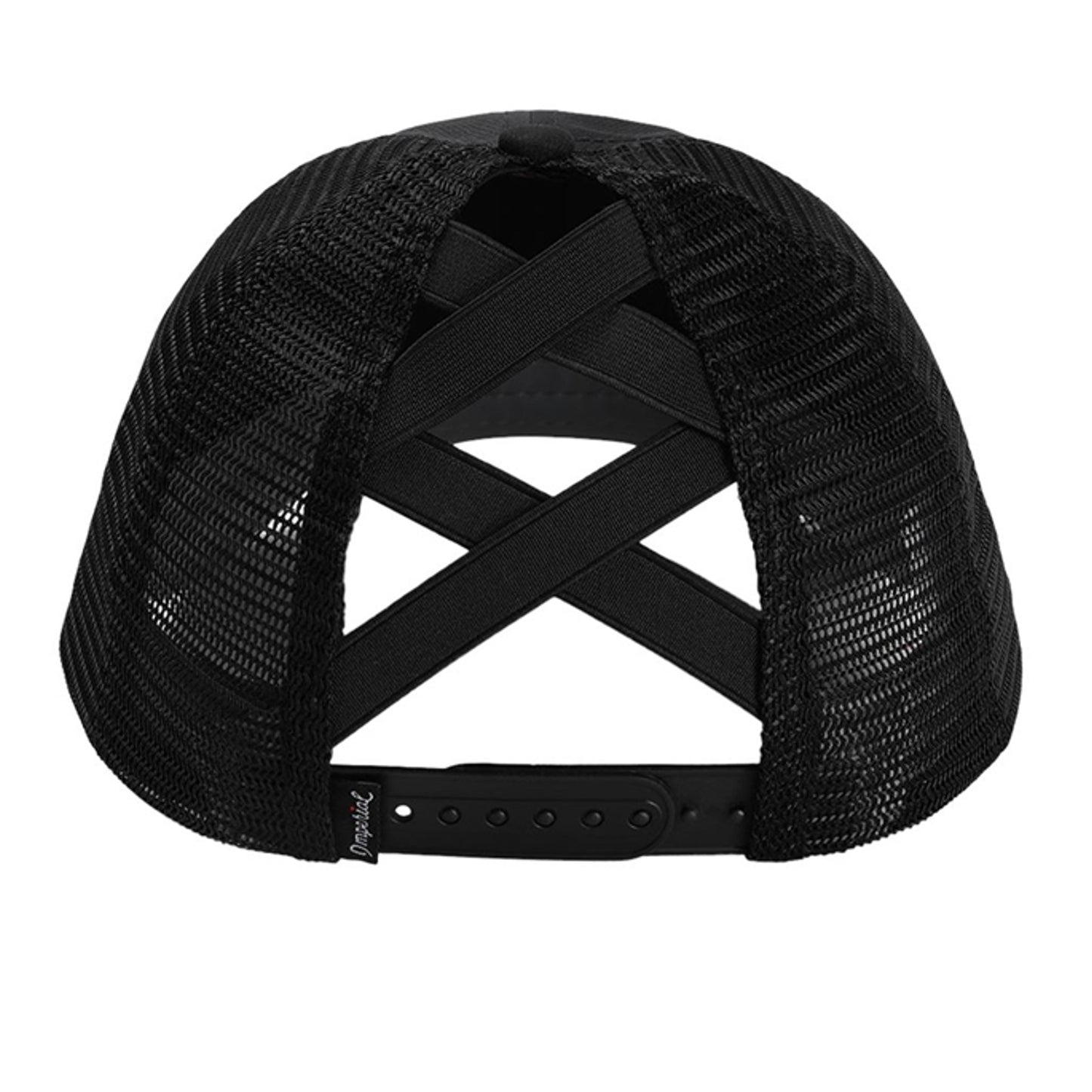 Black mesh back cap with crossed strap back and adjustable band