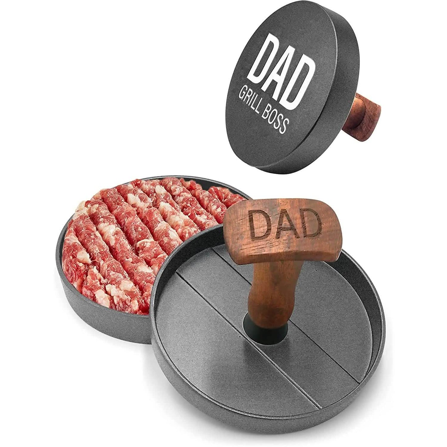 Hamburger press with wooden handle and circular non-stick base, DAD GRILL BOSS